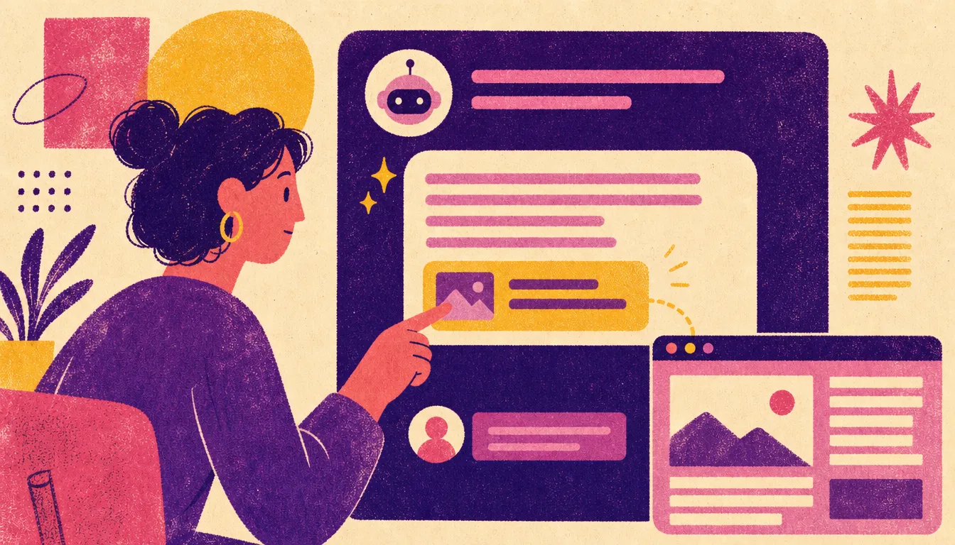 Illustrazione in stile riso-print: una persona osserva una risposta AI che cita un sito web