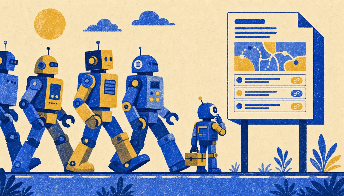 Illustrazione in stile riso-print: robot che sfilano davanti a un grande cartello a forma di file di testo senza fermarsi a leggerlo