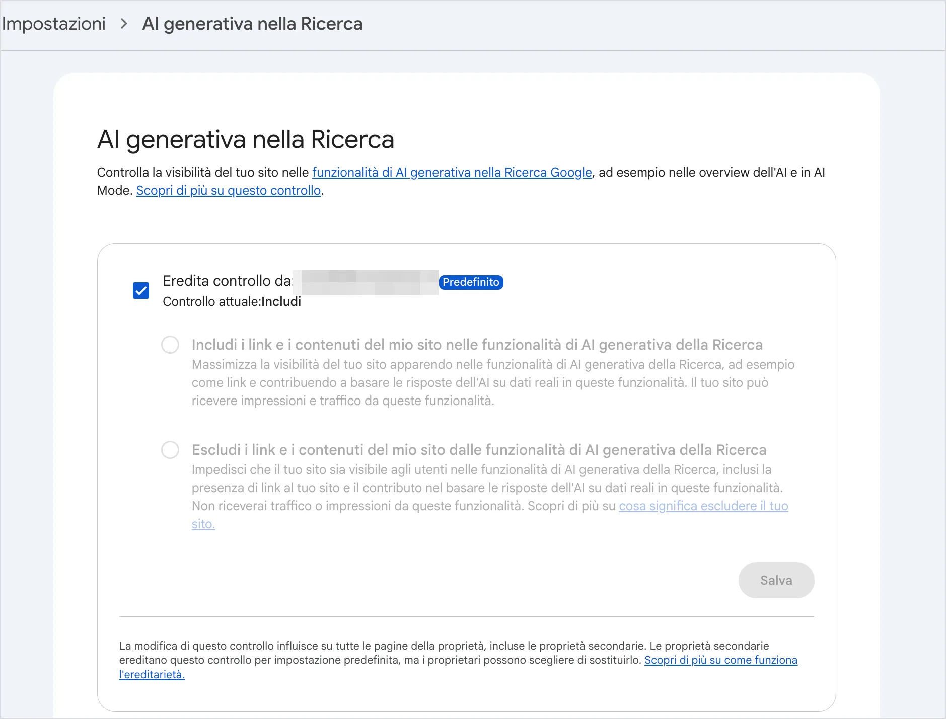La pagina del controllo AI generativa nella Ricerca in Search Console, con le opzioni per includere o escludere il sito dalle funzionalità di AI generativa, con il dominio anonimizzato